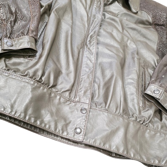 Vintage Comint Metallic Patterned Leather Bomber Jacket Brown Size M - Picture 2 of 15